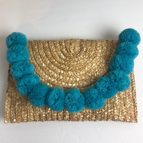 Shiraleah Chicago Fortuna Straw Turquoise Pom Pom Clutch Handbag - Picture 2 of 9